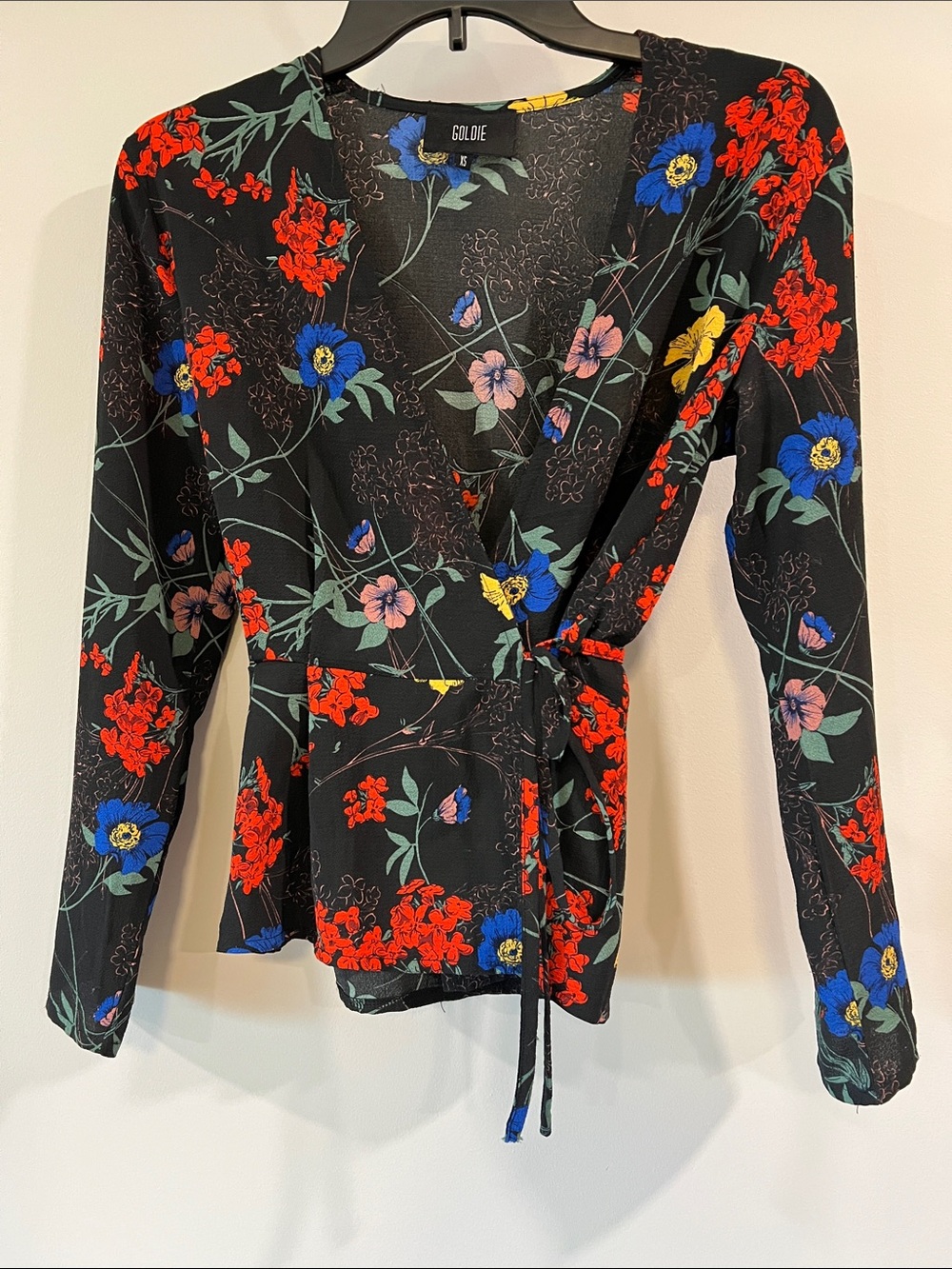 Goldie - XS, Black Floral Wrap Blouse with Red, Blue & Yellow Accents